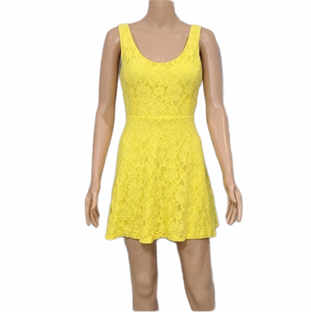 Estam Yellow lace dress fit and flare sleeveless dress  Women's‎ M